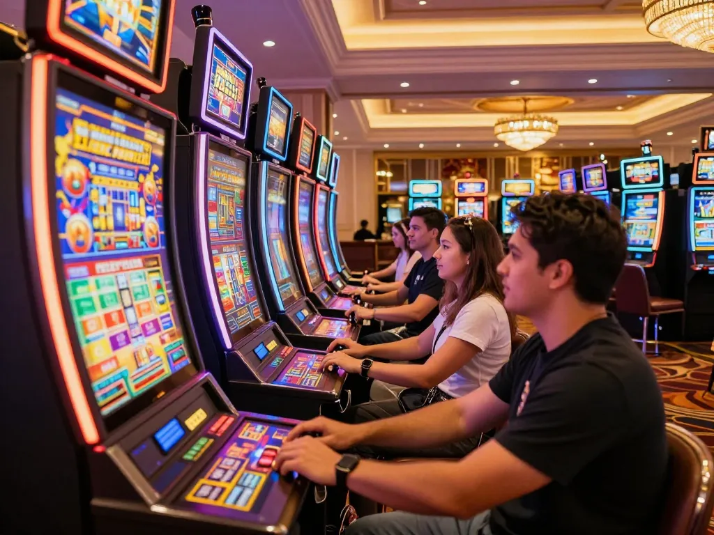 Players engaging with vibrant slot thailand machines in an upscale casino, celebrating winning moments.
