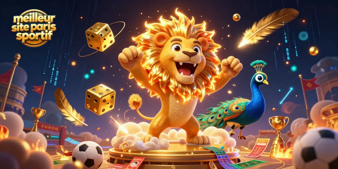 Découvrez le meilleur site de paris sportif avec une illustration dynamique de lions, dés dorés et éléments sportifs.