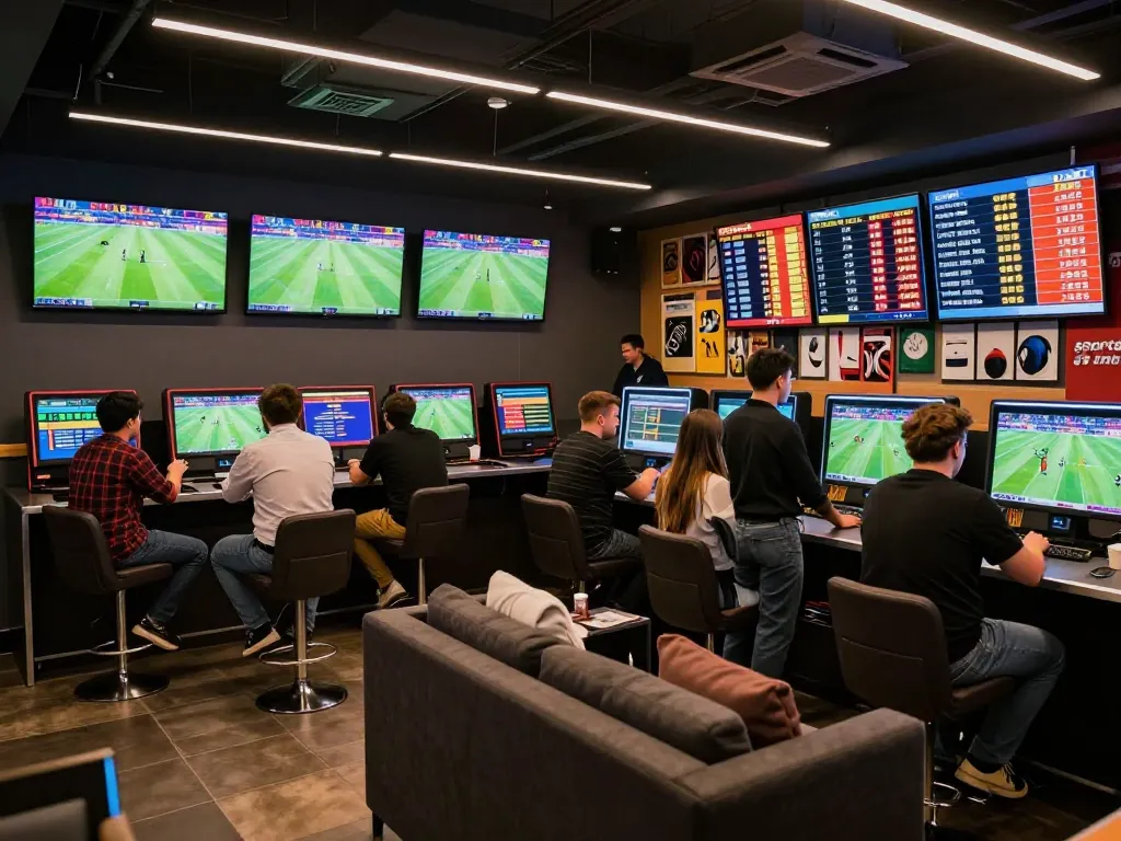 Kqbd mới nhất hôm nay: Fans engaged in spirited discussion while placing bets in a vibrant sports lounge