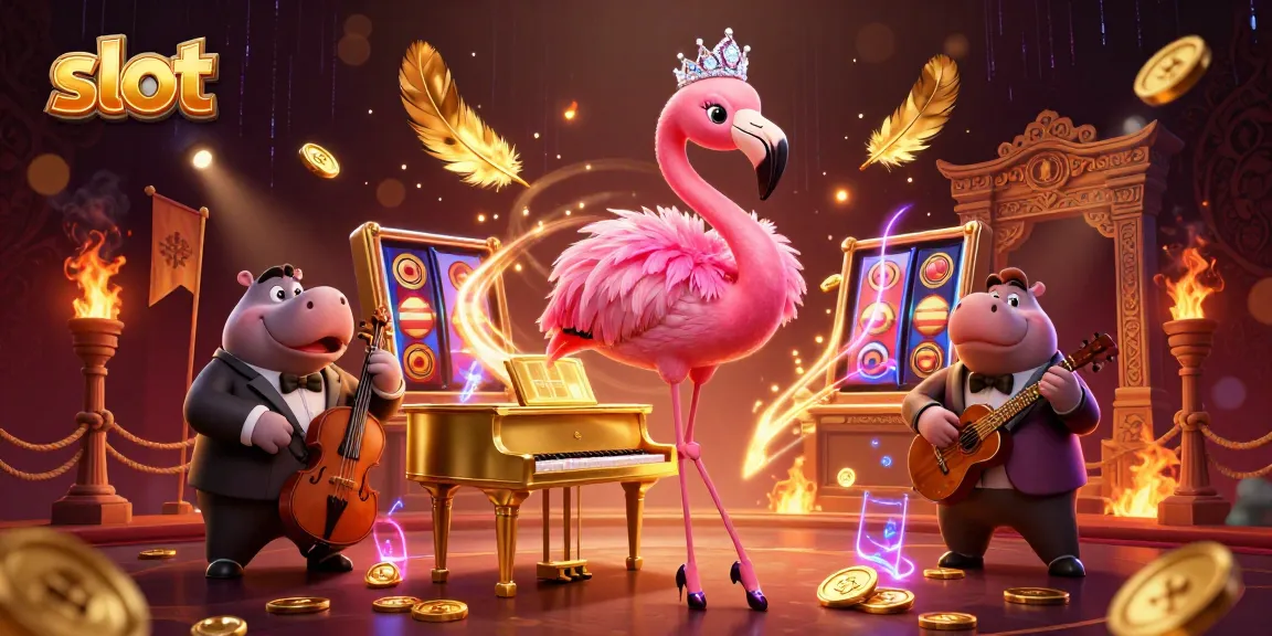 Spin slots with a flamingo singer and hippo musician in a vibrant casino scene.