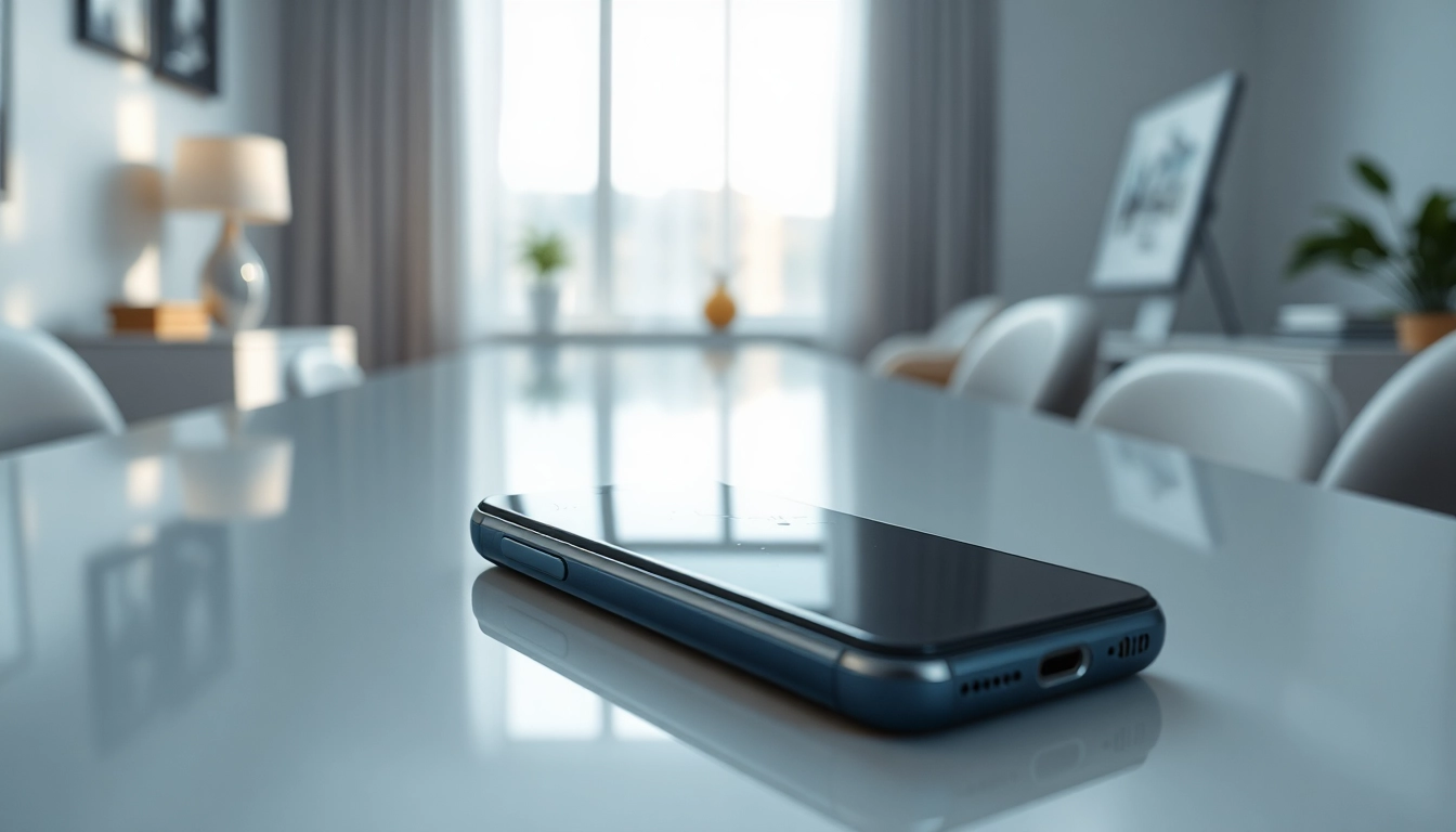 Sell cracked phone prominently displayed on modern desk with natural lighting.