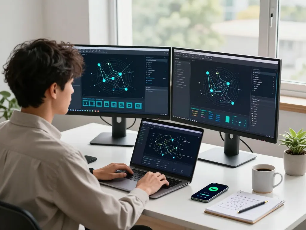 快连 user optimizing network performance in a modern office setting with dual monitors.