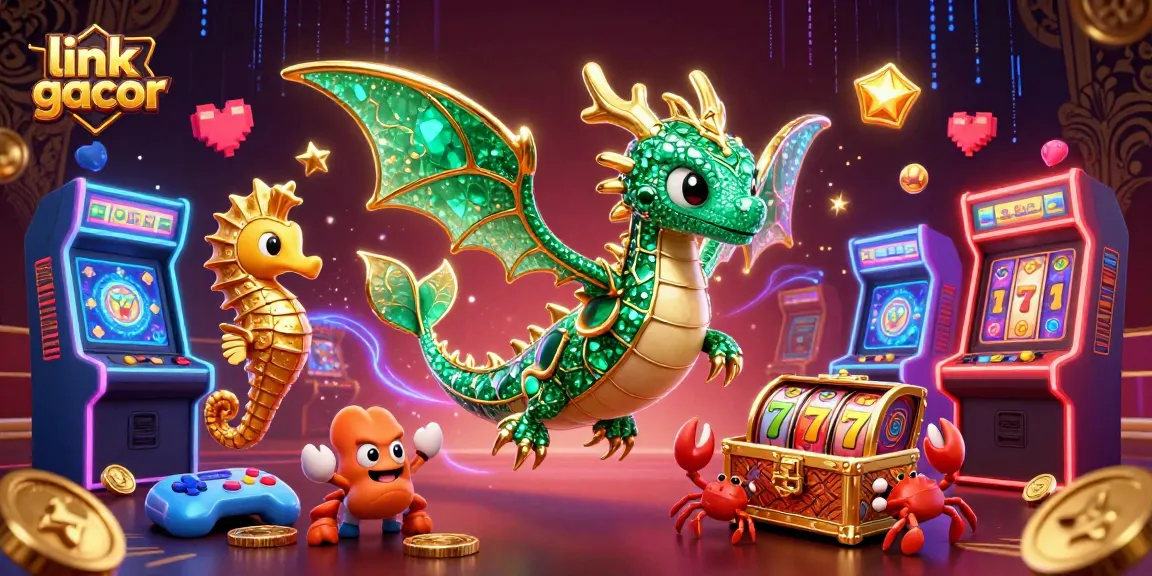 Win with link gacor featuring a sea dragon guarding treasures amidst slot reels and arcade machines.