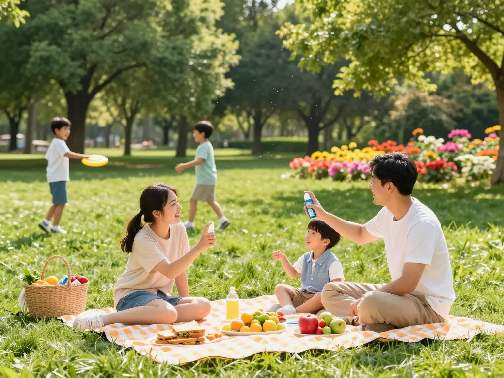 Family protecting themselves with mosquito repellent during a summer picnic.