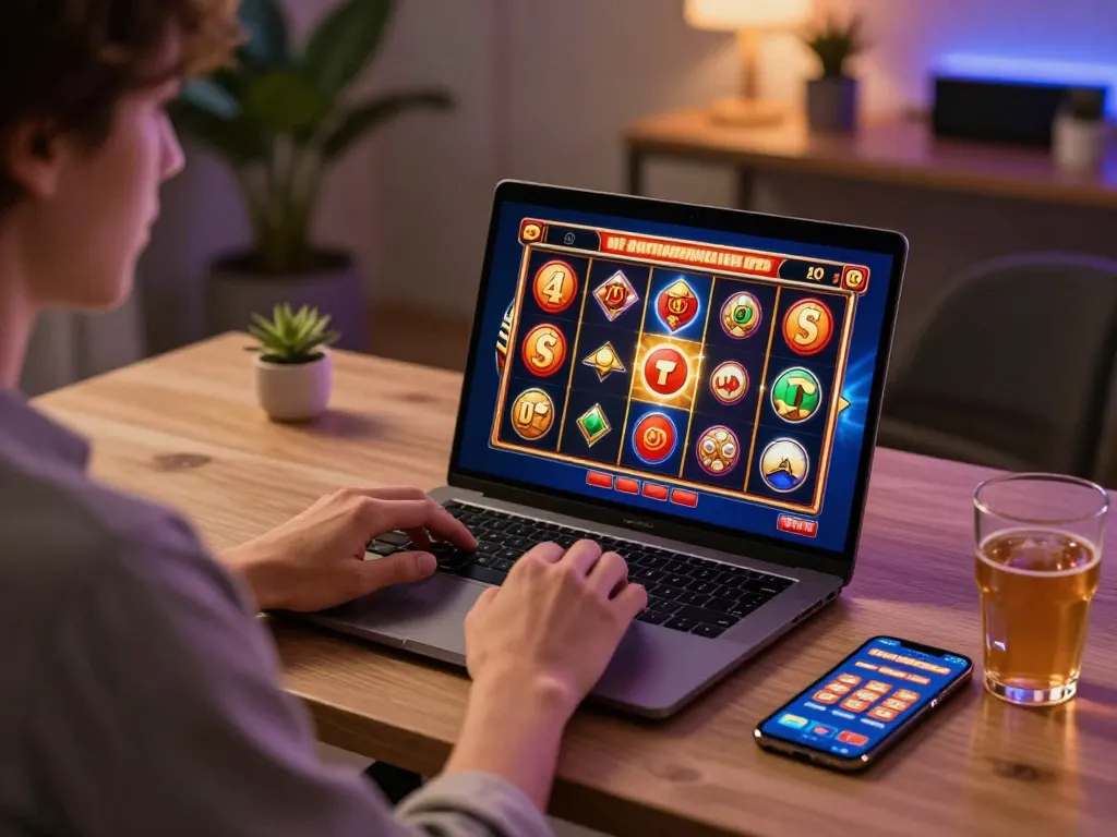 Engaging in เว็บตรงสล็อต gameplay on a stylish laptop at home, highlighting a vibrant slot game experience.