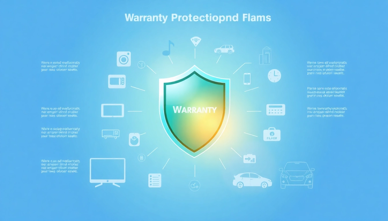 Illustration showcasing warranty protection plans with a shield and product icons for enhanced consumer safety.