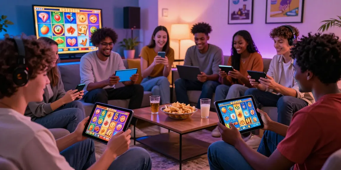 Excited players enjoying slot games on devices in a cozy living room, depicting the modern gaming community