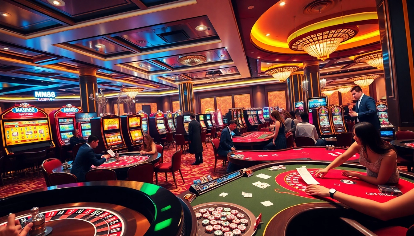MM88 casino scene showcasing players enjoying thrilling games at luxurious tables