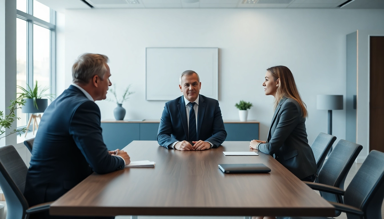 Mediation session with a professional mediator facilitating discussions between two parties.