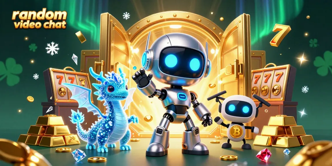 Engage in random video chat with unique characters surrounded by slot reels and gold symbols.
