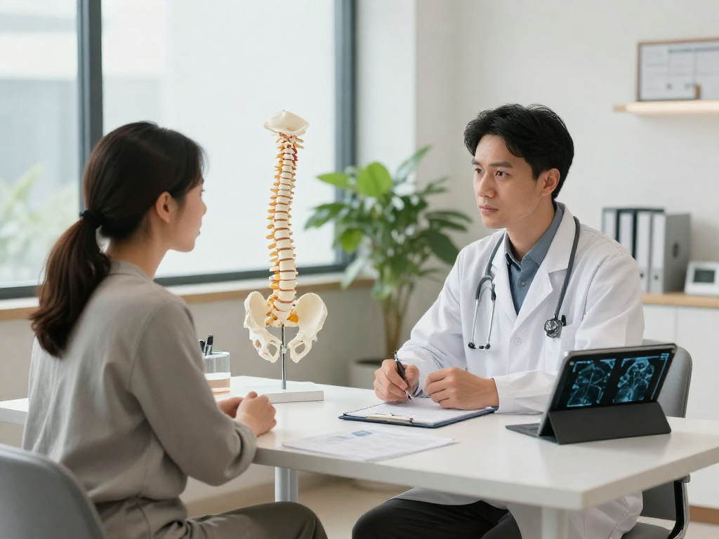 Bel kayması ameliyatı discussion between patient and orthopedic surgeon in a bright clinic.
