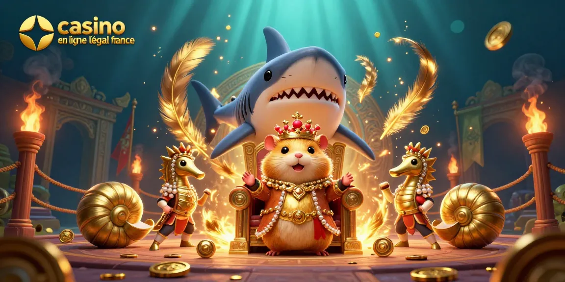 Illustration de casino en ligne légal france mettant en scène un roi hamster sur un trône en dent de requin.