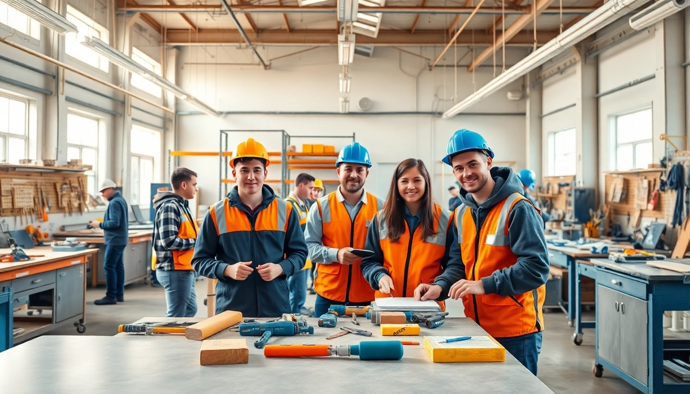 Students engaging in a construction apprenticeship learning hands-on skills in a workshop.