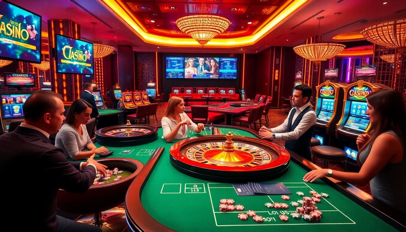 Scène excitante mettant en avant le meilleur casino en ligne avec des joueurs engagés à des tables de jeu luxueuses et des machines à sous lumineuses.