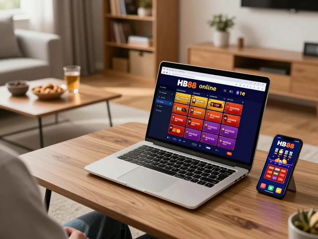 Play HB88 from home with a laptop showcasing casino games and smartphone with app