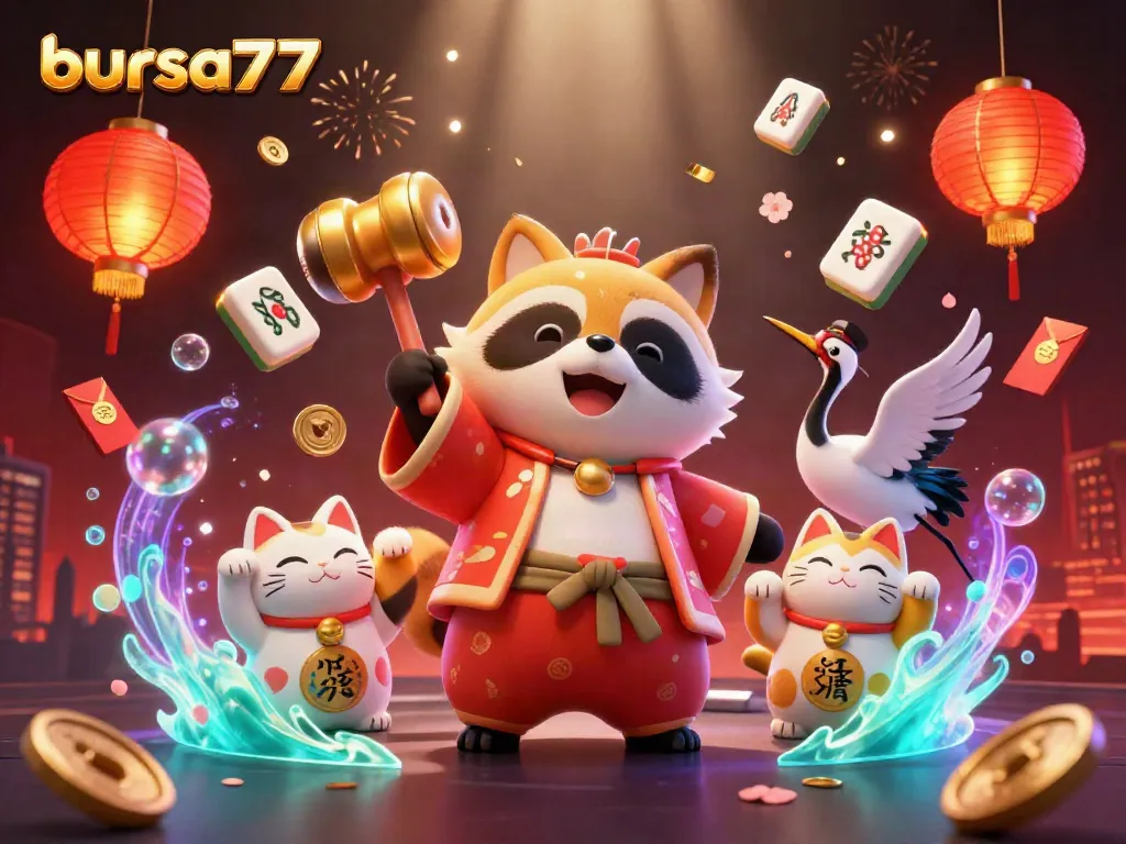 Bursa777 menghadirkan keseruan permainan slot dengan palu keberuntungan yang dipegang tanuki, desain yang berwarna-warni memikat para pemain.
