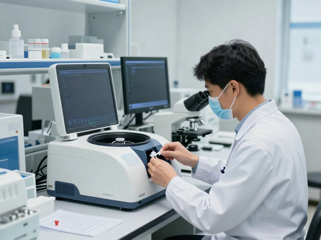 Análisis en un laboratorio de análisis clínicos con un técnico utilizando un centrifugador y mostrando equipos avanzados.