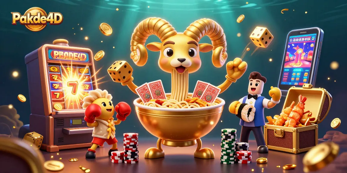 Pakde4D showcases a dynamic 3D illustration with slot machines and vibrant gambling elements, engaging players.