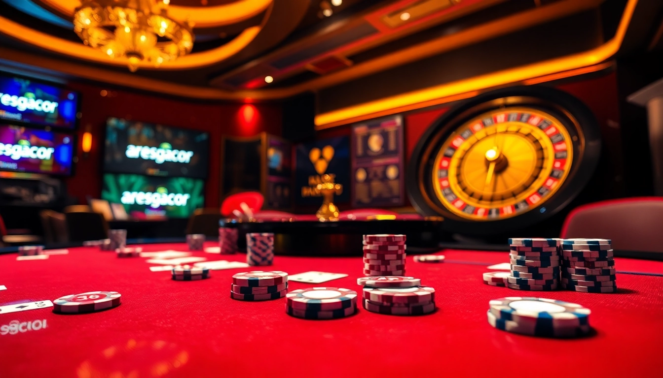 Exciting casino scene highlighting aresgacor with poker chips and a roulette wheel.