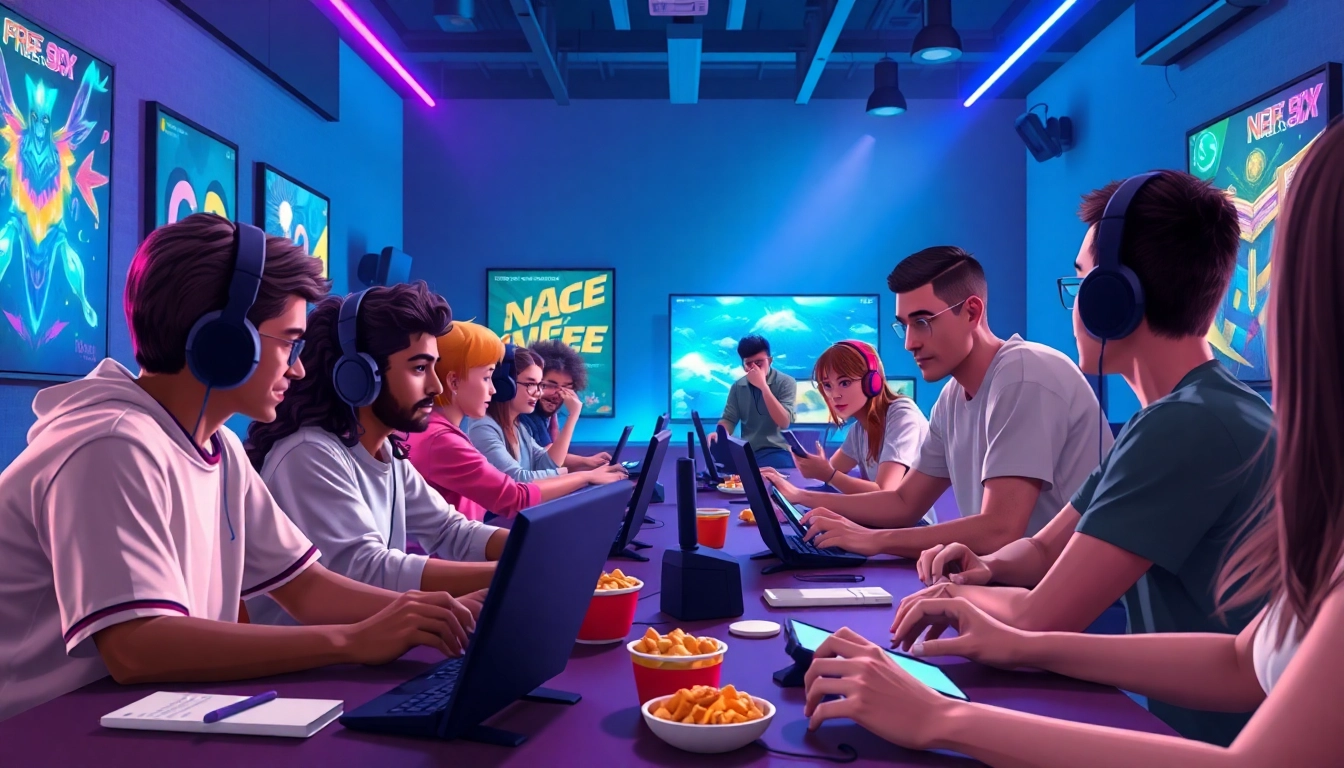 Players enjoying free porn games in a vibrant modern gaming setup with colorful lights.