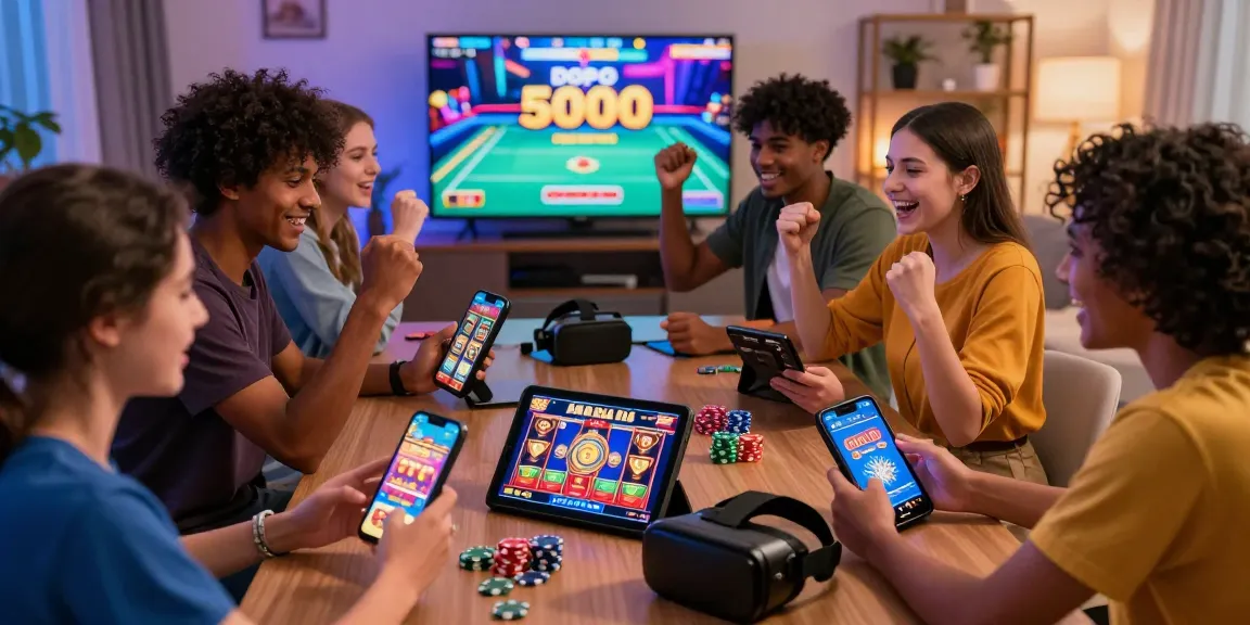 Players enjoying a thrilling slot depo 5000 game celebration with devices and gaming accessories.