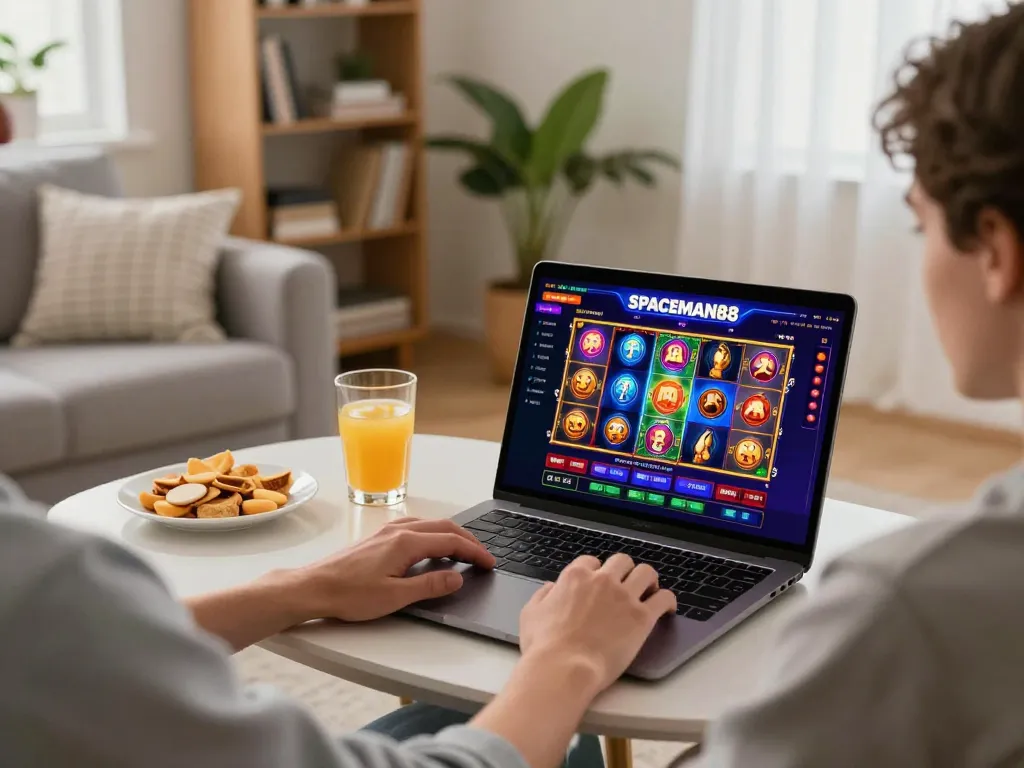 Sitting at home playing situs slot gacor online on a laptop, with cozy atmosphere and snacks nearby.