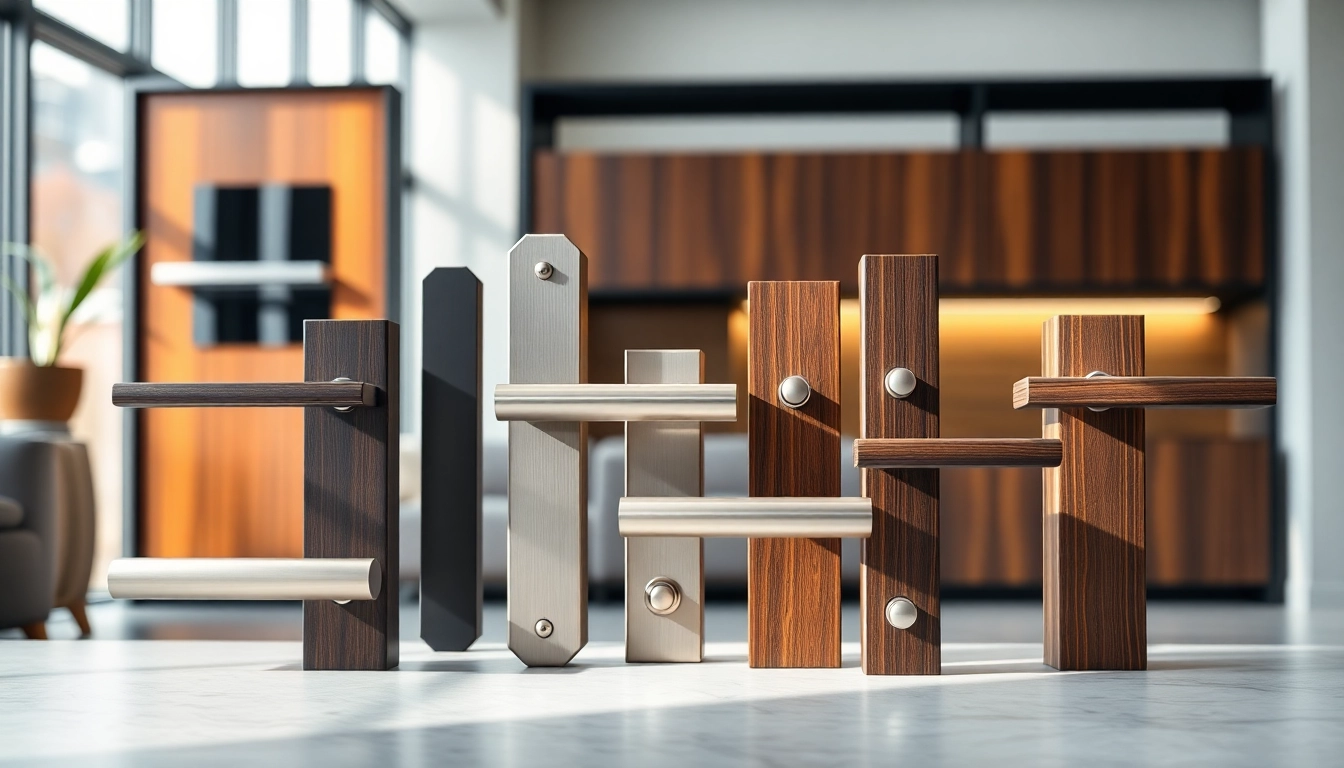 Showcase of diverse door handle styles from Door Handle Suppliers in a polished showroom.