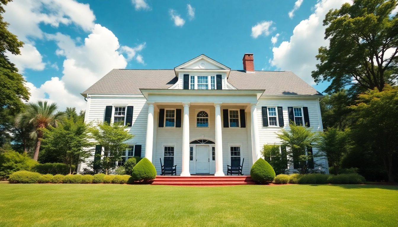 Captivating colonial home build featuring grand columns and a welcoming porch in a lush setting.