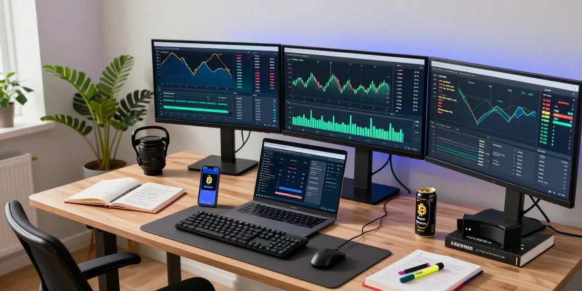 Dynamic cryptocurrency mining workspace showcasing advanced Bitcoin mining statistics on multiple screens and digital wallet, emphasizing security and innovation in a professional office.