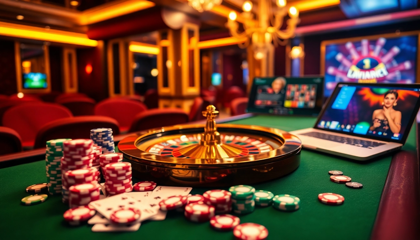 Experience the excitement of layarkaca21 with vibrant casino elements, poker chips, and a roulette wheel in a luxurious setting.