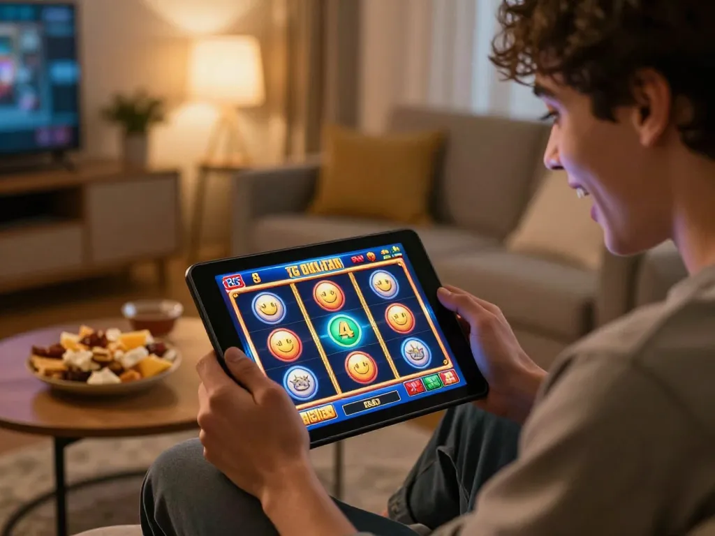 Player enjoying an exciting tg 88 slot game on a tablet in a cozy living room, showcasing the thrill of online gaming.