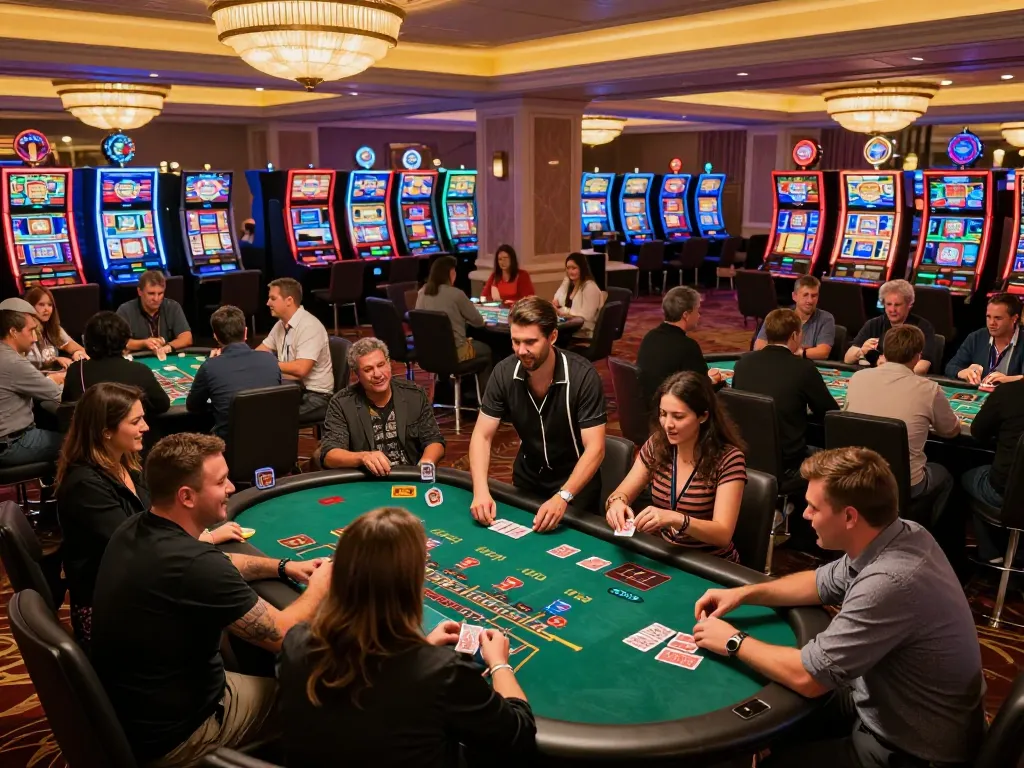 Players at the bustling casino floor enjoying situs gacor blackjack games, vibrant atmosphere