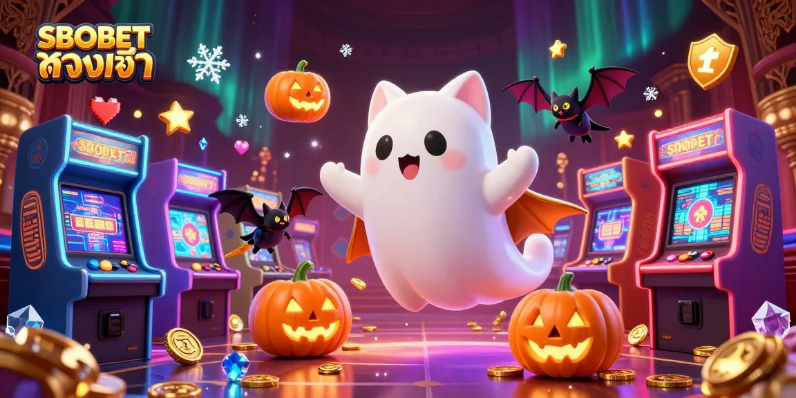 Experience the latest SBOBET ทางเข้า with our vibrant ghost cat casino illustration featuring games, slot machines, and more.