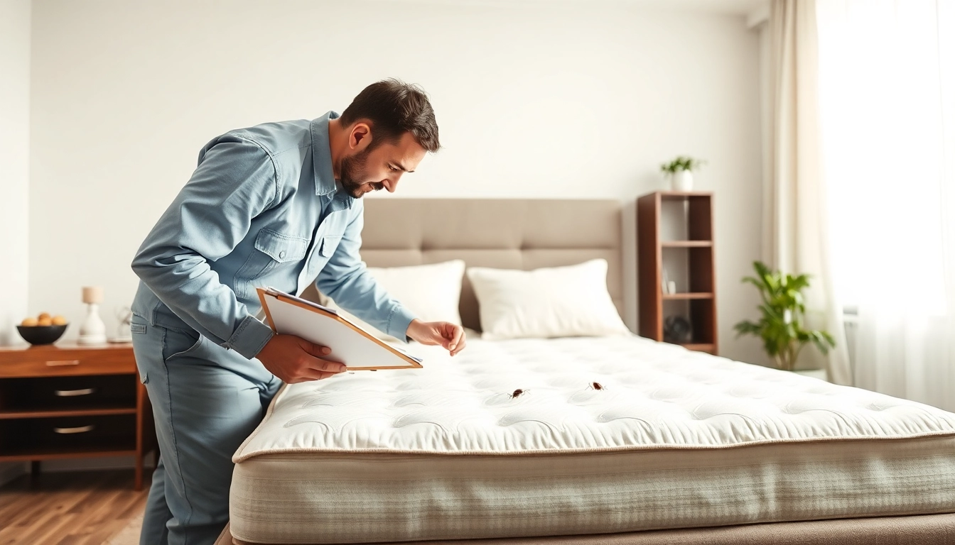 Bed bug exterminator waukesha technician inspecting a modern bedroom for bed bug infestation.
