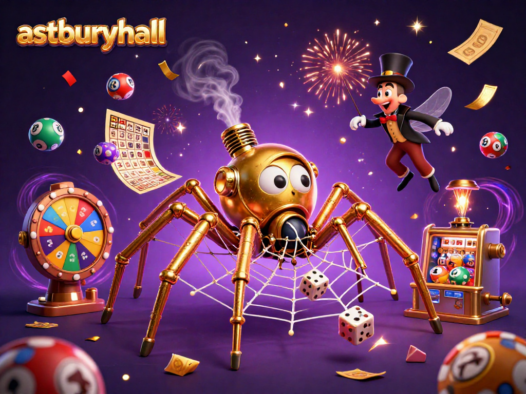 Engage with astburyhall's vibrant casino life through an intricate 3D illustration featuring steampunk elements and dynamic gaming symbols.