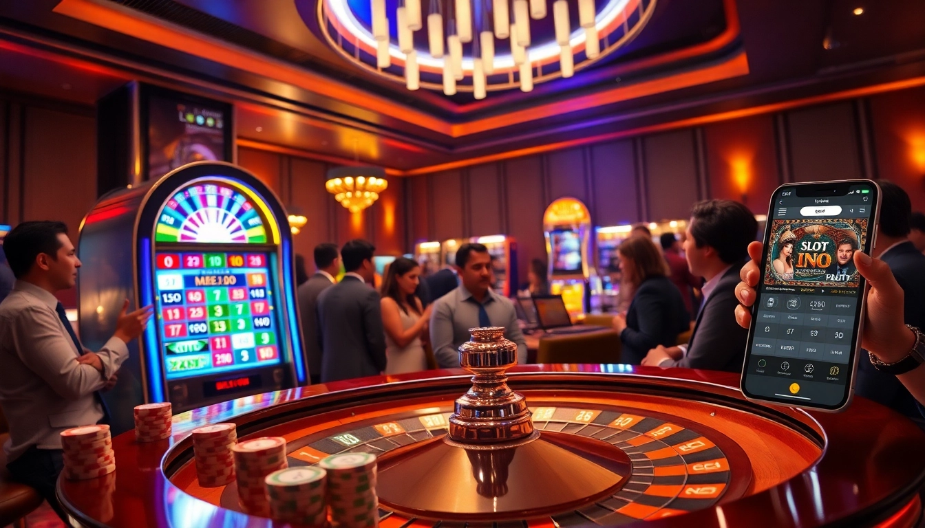 Mainkan permainan slot depo pulsa yang seru dengan mesin berwarna-warni dan suasana kasino yang menarik.