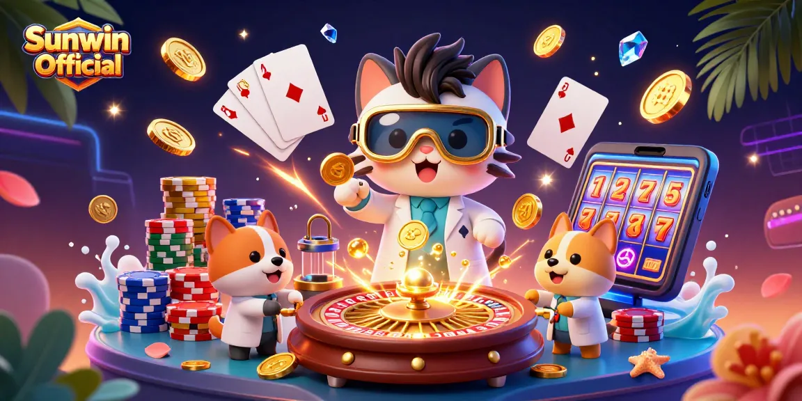 Experience thrilling wins with Sunwin Official in this dynamic casino adventure illustration.