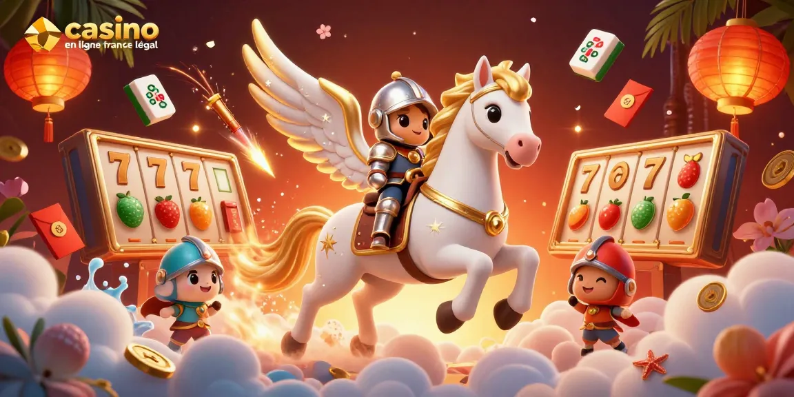 Visualiser un cheval céleste en 3D pour le casino en ligne France légal, entouré de symboles de jeu et de chance.