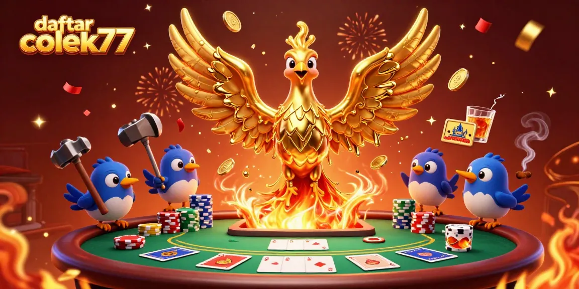 Engage with the dynamic world of gambling at daftar colek77, featuring a molten gold phoenix surrounded by poker elements.