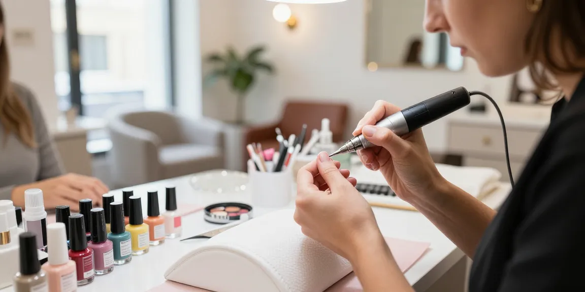 Tehnician de unghii profesionist folosind freza unghii electrica într-un mediu luminos de salon de frumusețe