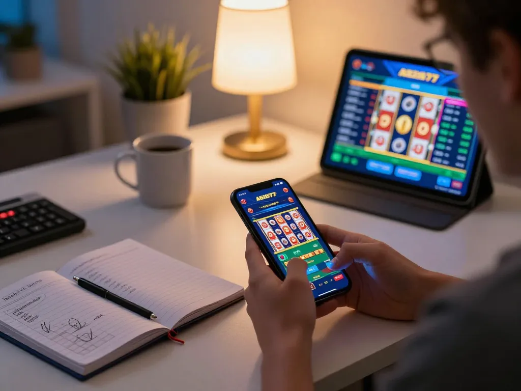 Engaging gaming setup with a player enjoying slot games on the alexis77 mobile app, showcasing vibrant graphics.