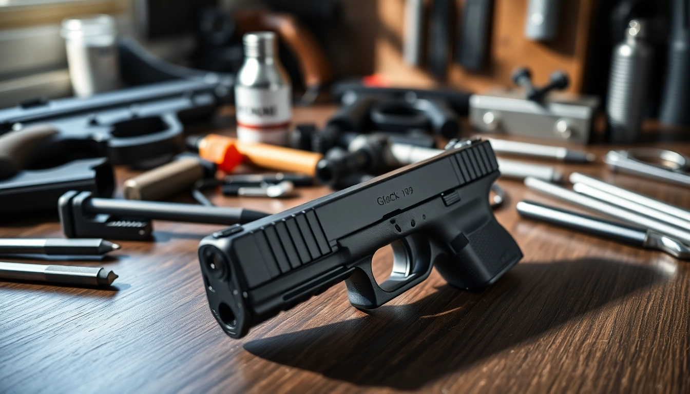 Buy Glock 19 MOS slide showcased with detailed features and accessories.