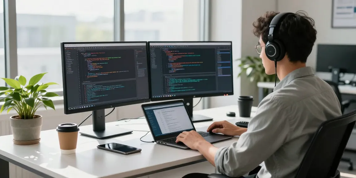 Developer coding in a modern office with dual monitors, reflecting the 纸飞机官网 workspace.