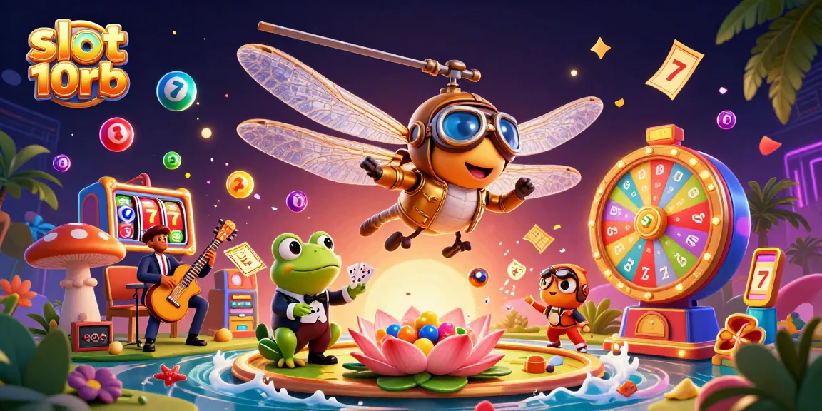 Experience the excitement of slot 10rb with a lively dragonfly pilot and frog croupier scene, enhanced by vivid slots elements.