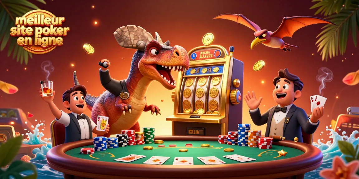 Illustration d'un meilleur site de poker en ligne avec des personnages cartoon animant une machine à sous et capturant des pièces d'or.