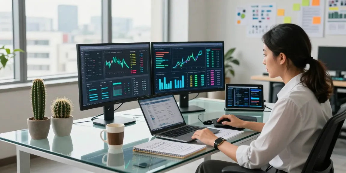 Analyst at factors.org.uk analyzing data visualizations in a modern office
