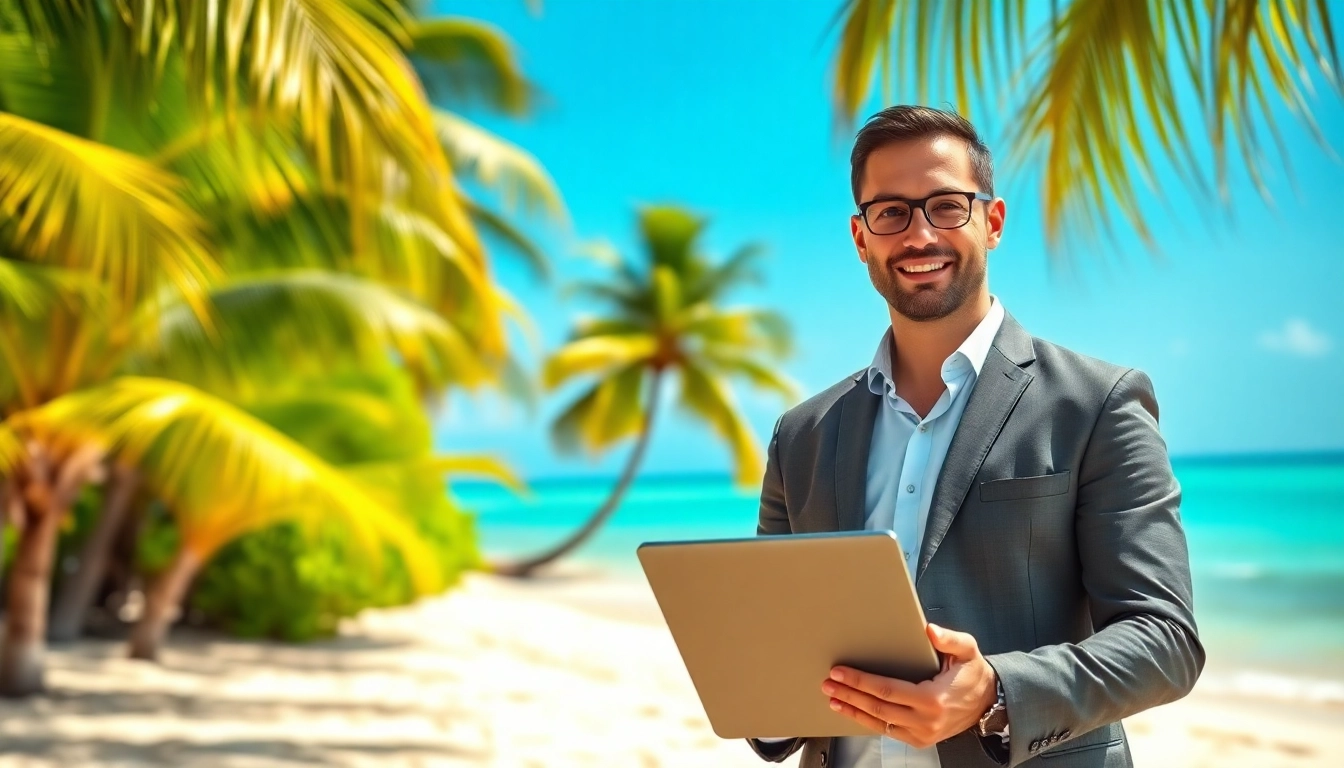 Showcase of Remax Belizer property listings with a real estate agent in Belizean beach setting.