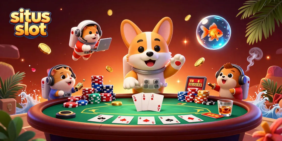 Situs slot illustration showing an astronaut corgi in a cosmic casino with chips and gold coins.