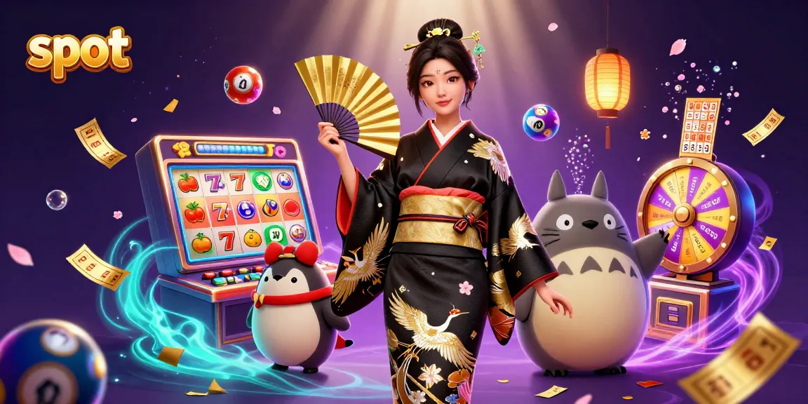 Spin the slot reels with vibrant characters and lottery elements in a lively casino scene.