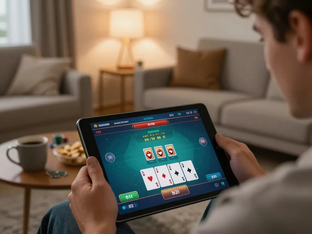 Pemain terlibat dalam permainan strategis di aplikasi poker paris888, menyoroti momen taruhan dinamis di tablet